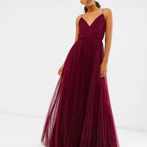 BNWT ASOS DESIGN Tall cami pleated tulle maxi dress in oxblood Sz 8